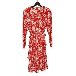 Vintage 90s Red White Abstract Print Long Sleeve Tiered Knee Length Dress Medium